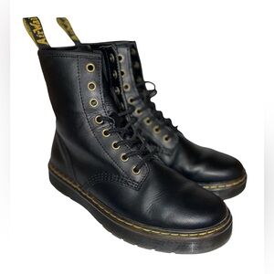 Dr. Martens Black Leather 8-Eye Lace-Up Boots with Yellow Stitching
